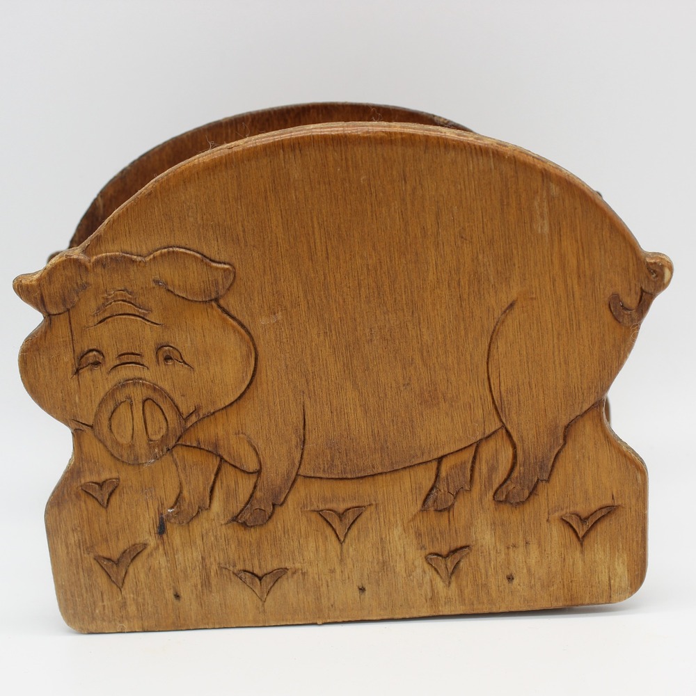 Unbranded Rustic Napkin Holder Wooden Pig Carved Farmhouse Brown 6in Folk Art